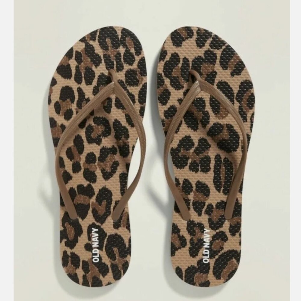 NWT Old Navy Brown Leopard Patterned Flip Flops Thong Sandals Women 7